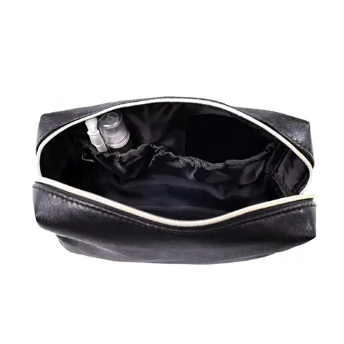 Wholesale Promotional Custom Logo Black Zipper Pu Leather Cosmetic Pouch Travel Makeup Bag